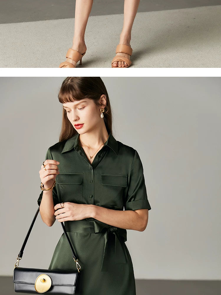 Army Green Satin Silk Dress Summer New Fashion Waist Cinching Temperament Dress, 100% Mulberry Silk A-line Workwear