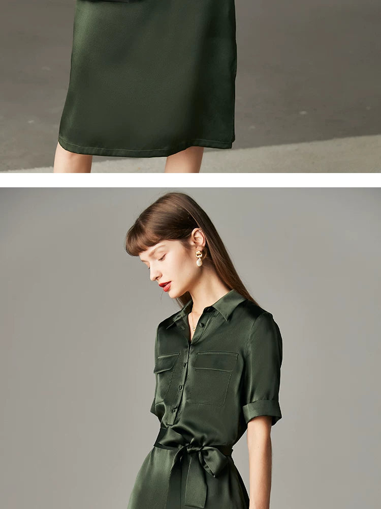 Army Green Satin Silk Dress Summer New Fashion Waist Cinching Temperament Dress, 100% Mulberry Silk A-line Workwear