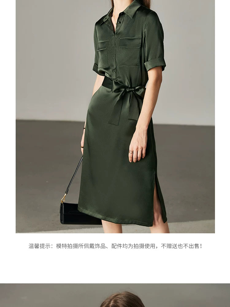 Army Green Satin Silk Dress Summer New Fashion Waist Cinching Temperament Dress, 100% Mulberry Silk A-line Workwear