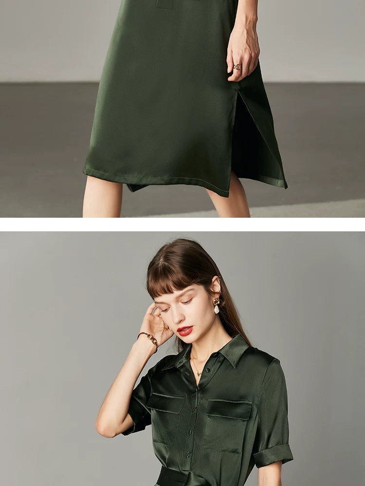 Army Green Satin Silk Dress Summer New Fashion Waist Cinching Temperament Dress, 100% Mulberry Silk A-line Workwear