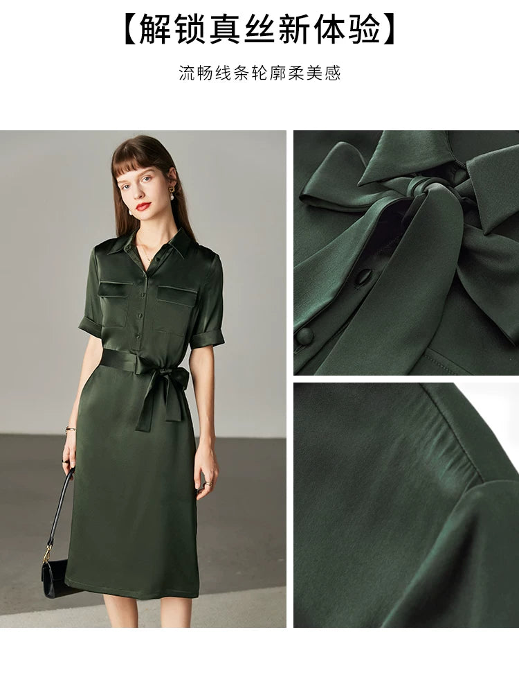 Army Green Satin Silk Dress Summer New Fashion Waist Cinching Temperament Dress, 100% Mulberry Silk A-line Workwear