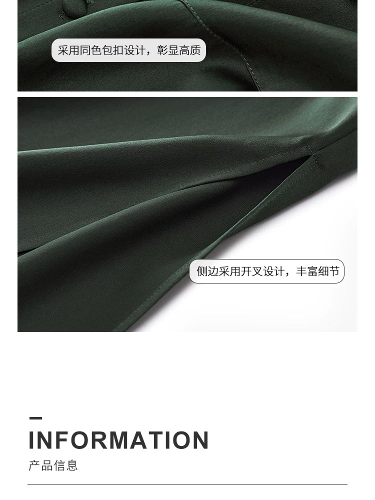 Army Green Satin Silk Dress Summer New Fashion Waist Cinching Temperament Dress, 100% Mulberry Silk A-line Workwear