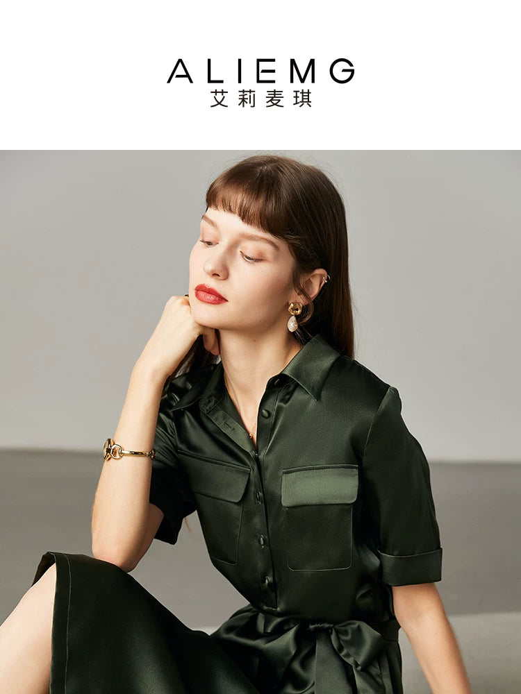 Army Green Satin Silk Dress Summer New Fashion Waist Cinching Temperament Dress, 100% Mulberry Silk A-line Workwear