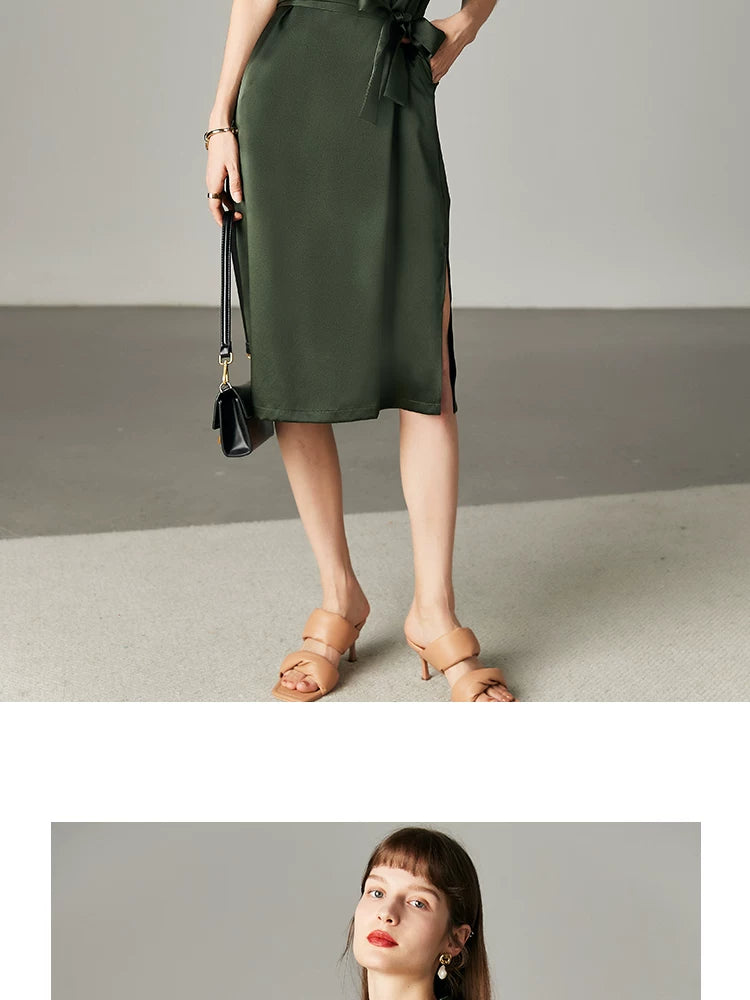 Army Green Satin Silk Dress Summer New Fashion Waist Cinching Temperament Dress, 100% Mulberry Silk A-line Workwear