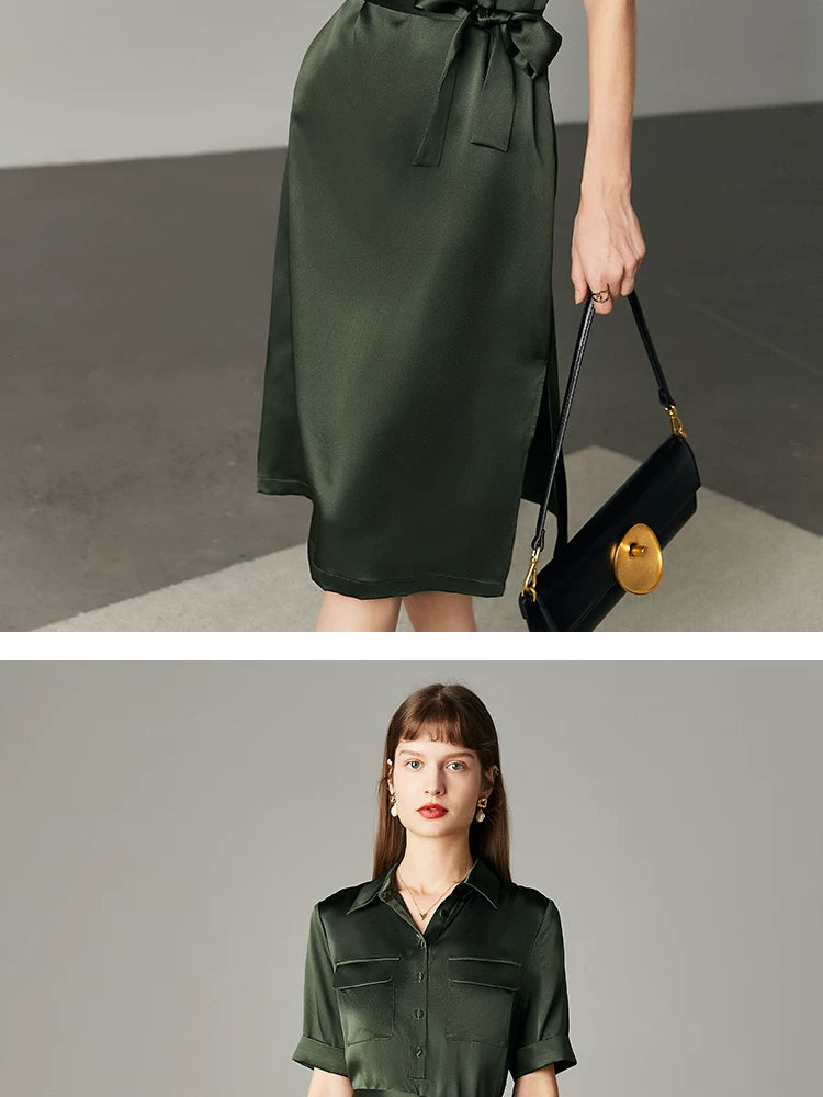 Army Green Satin Silk Dress Summer New Fashion Waist Cinching Temperament Dress, 100% Mulberry Silk A-line Workwear