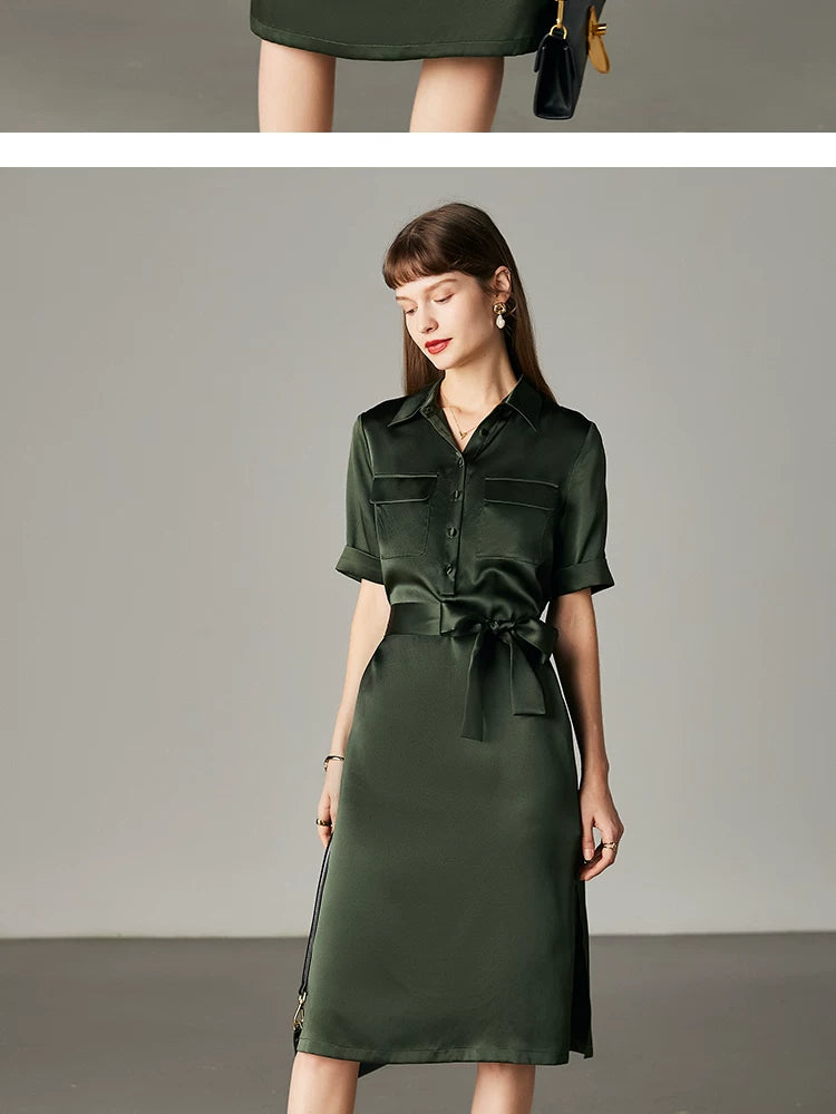 Army Green Satin Silk Dress Summer New Fashion Waist Cinching Temperament Dress, 100% Mulberry Silk A-line Workwear