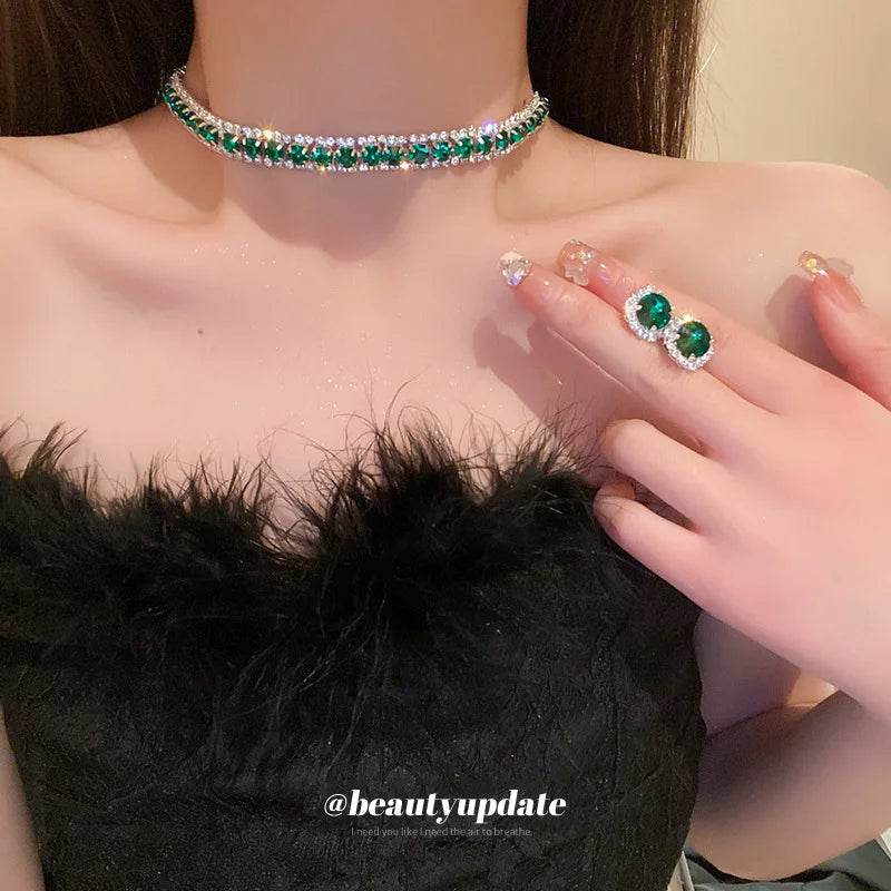 Luxury Green Rhinestone Necklace Stud Earrings For Women Crystal Choker Necklaces Ladies Fashion Weddings Banquet Jewelry Set