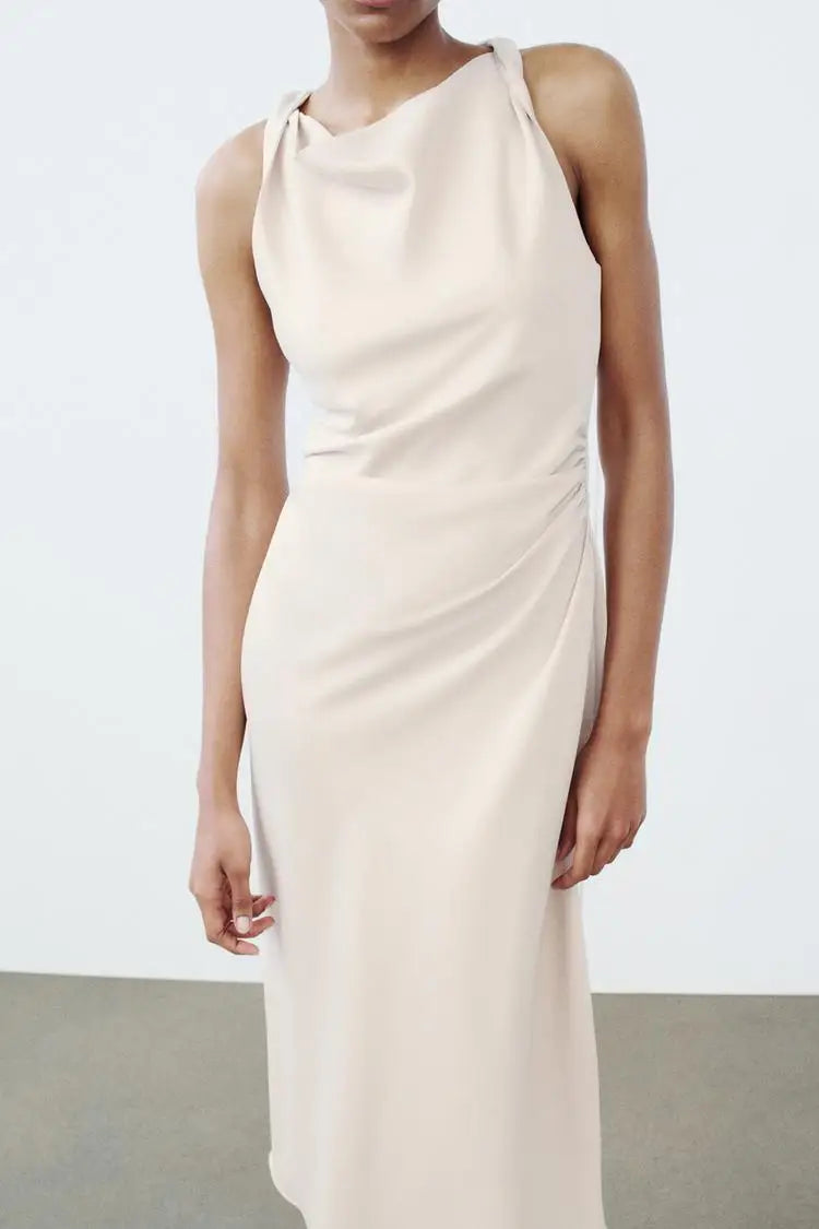 Early Autumn Silk Satin Texture Midi Dr High Waist A-Line Skirt No Sve round Ne Par Dr for Ladies in Their 20s