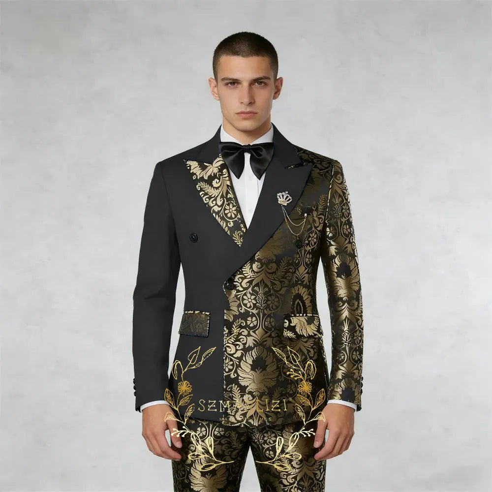 Black And Gold Floral Men's Suit 2 Piece Double Breasted Jacket Wedding Groom Tuxedo Formal Blazer Pants Sets terno masculino