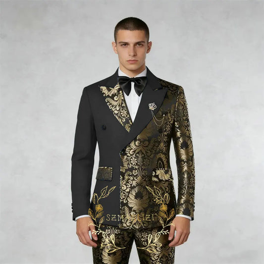 Black And Gold Floral Men's Suit 2 Piece Double Breasted Jacket Wedding Groom Tuxedo Formal Blazer Pants Sets terno masculino