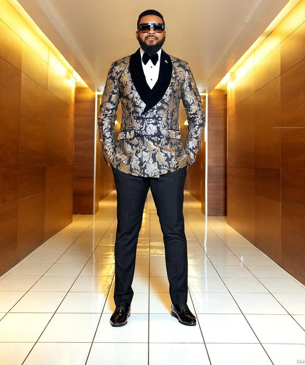 Luxury Coat Pant Design Gold Jacquard Men's Suit Black Velvet Shawl Lapel Wedding Party Suits 2 Piece Set Groom Tuxedo Banquet
