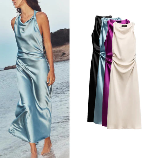 Early Autumn Silk Satin Texture Midi Dr High Waist A-Line Skirt No Sve round Ne Par Dr for Ladies in Their 20s