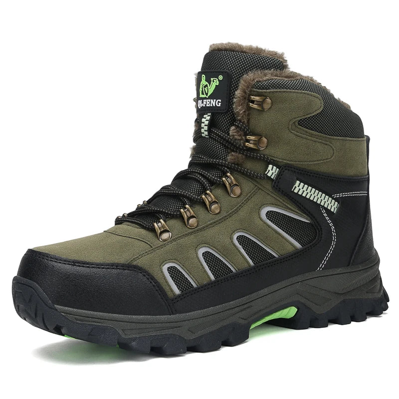 Mens Trekking Boots Thick Soles Wear-resistant Suede Leather Breathe Lace Up Sneakers Winter Warmth Comfort Camping Hiking Shoes
