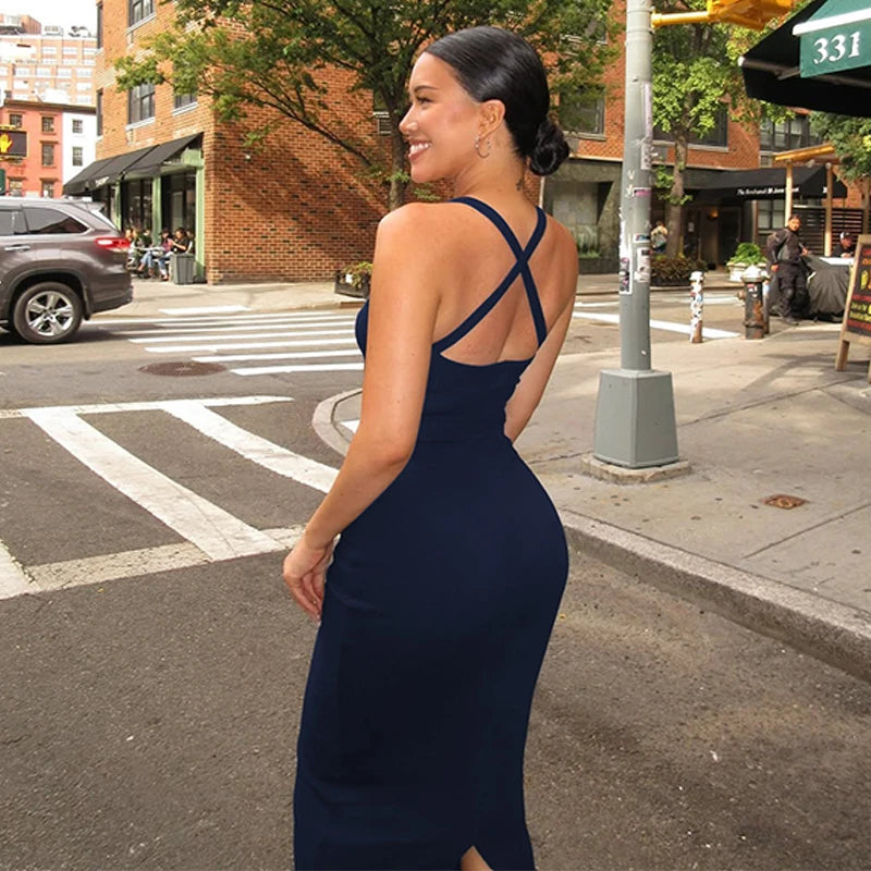 Hugcitar Halter Ribbed Solid Sleeveless Backless Sexy Slim Slit Midi Dress Spring Summer Fashion Clothes Birthday Party Festival