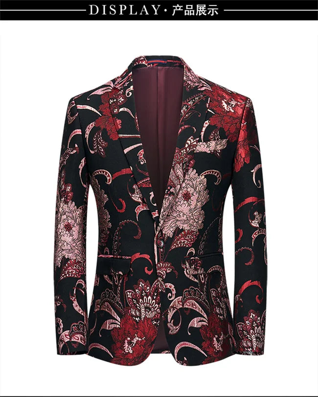 New Men Fashion Trend Wedding Party Jacquard Suit Jacket Single-breasted Slim Blazer Singer Host Stage Performance Dress Coats