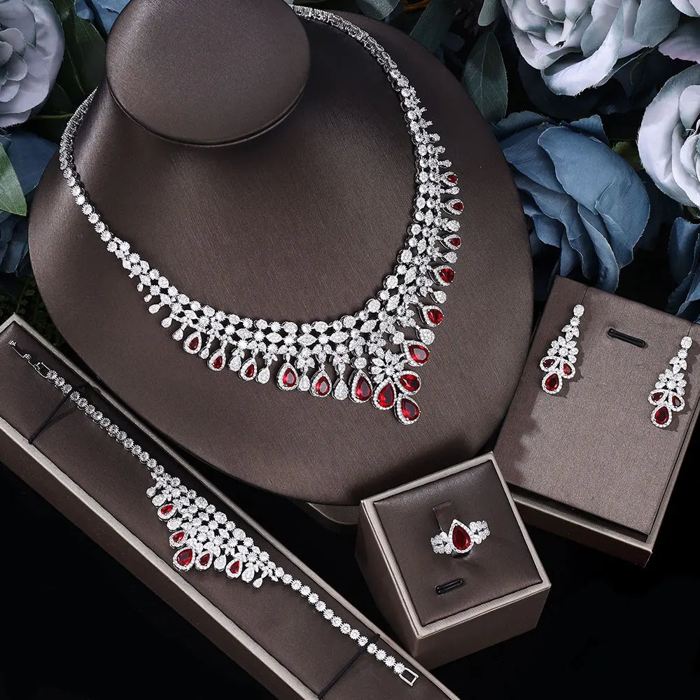 2025 Zircon Super Deluxe Tassel Water Drop Big Wedding Bridal Necklace Earrings 4 Pieces Nigerian Dubai Women's Jewelry Set