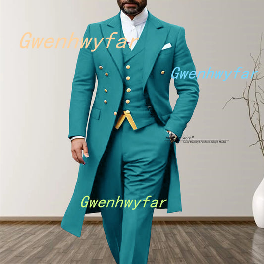 Gwenhwyfar 2025 Elegant Long Men's Suits 3-piece set of Turquoise Men's Wedding Costume with Golden Stitching Vest Casual Pants