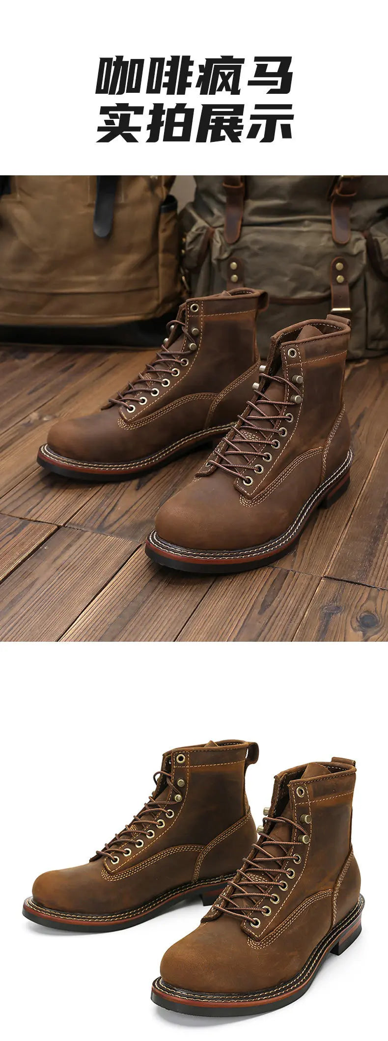 KOWM Hiking shoes cowhide men's trekking boot British ankle casual sneakers trekking shoes thick soled high top motorcycle boots