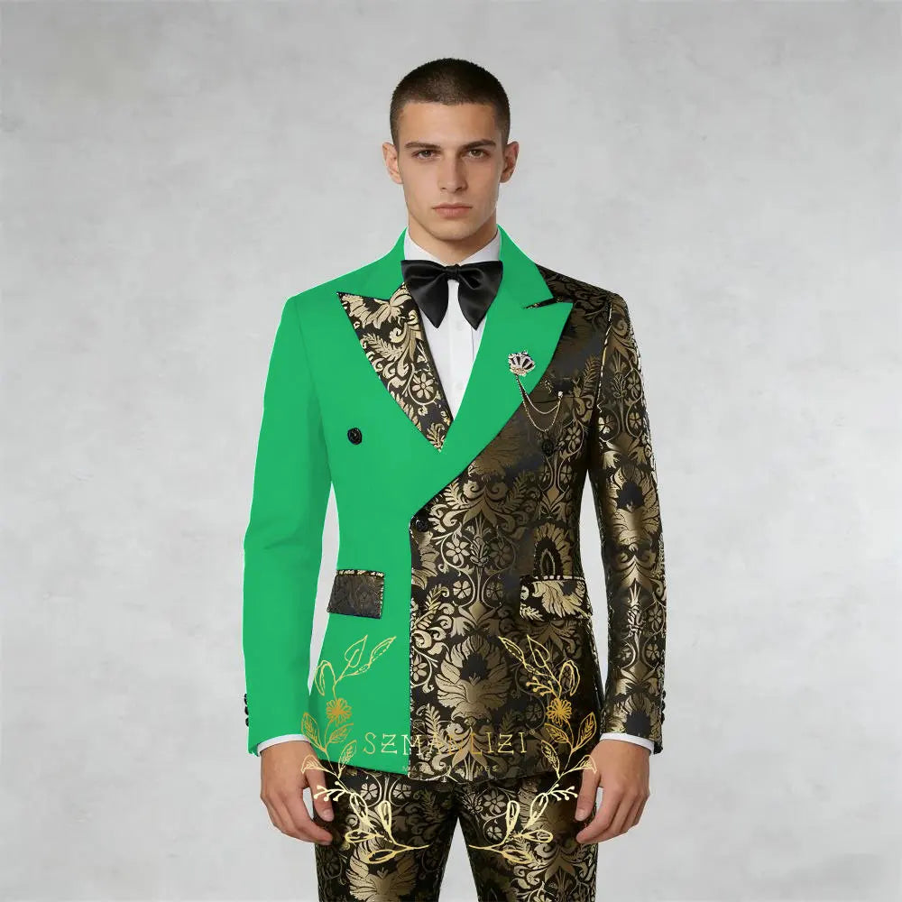 Black And Gold Floral Men's Suit 2 Piece Double Breasted Jacket Wedding Groom Tuxedo Formal Blazer Pants Sets terno masculino