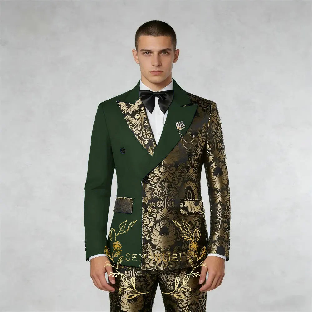 Black And Gold Floral Men's Suit 2 Piece Double Breasted Jacket Wedding Groom Tuxedo Formal Blazer Pants Sets terno masculino