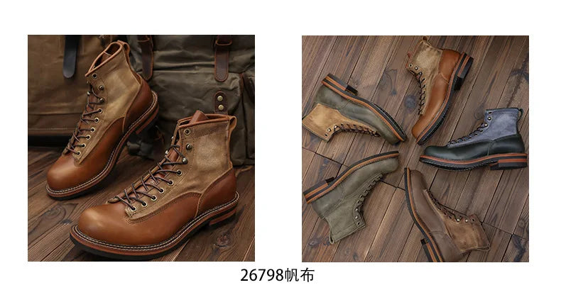 KOWM Hiking shoes cowhide men's trekking boot British ankle casual sneakers trekking shoes thick soled high top motorcycle boots