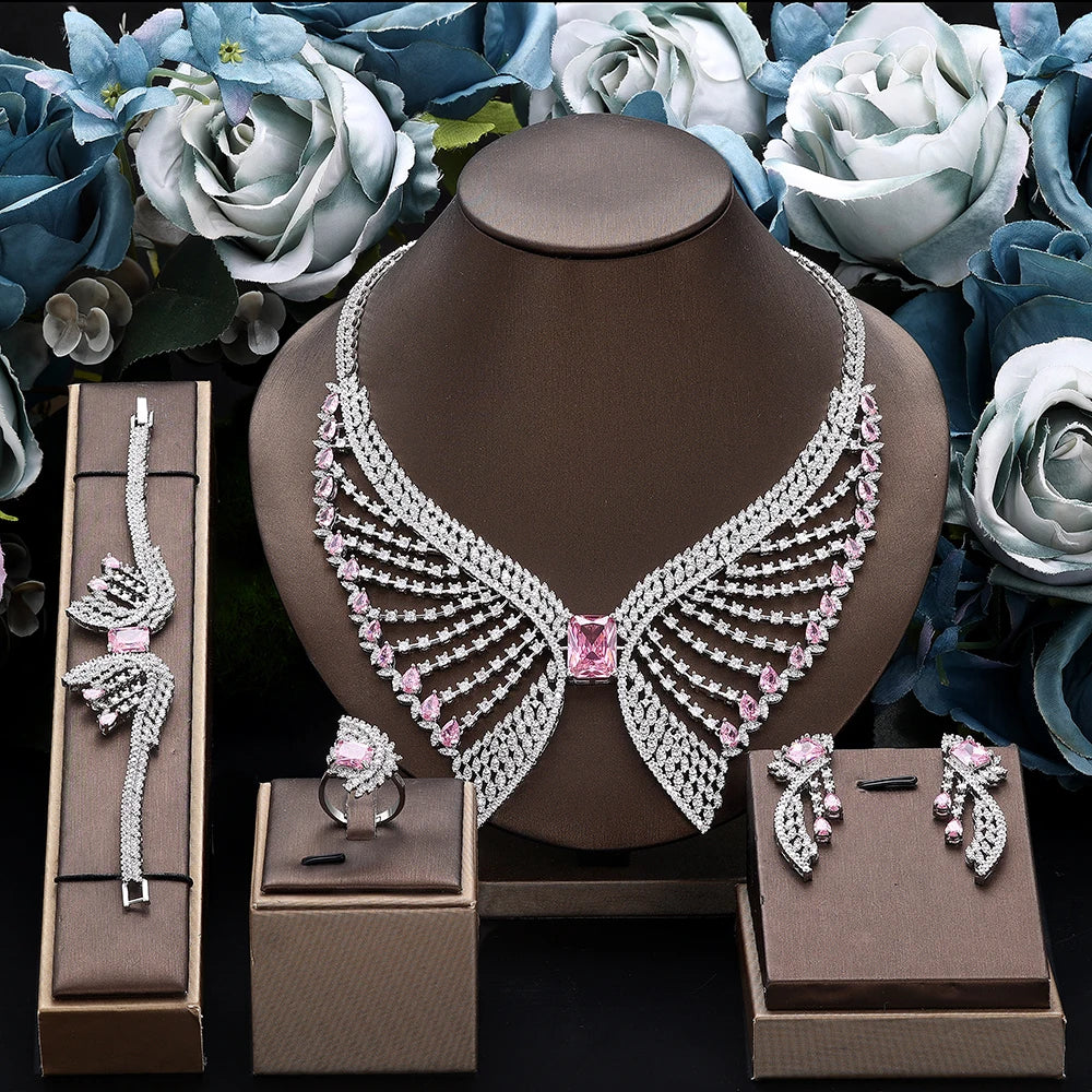Luxury Women Wedding Jewelry Set Dubai Nigeria Bridal 4pcs Necklace Earrings Jewelry Set with White Zirconia