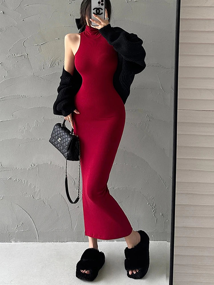 Red Skinny Sexy Turtleneck Midi Dress Women Evening Party Ladies Elastic Hip Wrap Elegant Bodycon Dresses Y2k Clothing