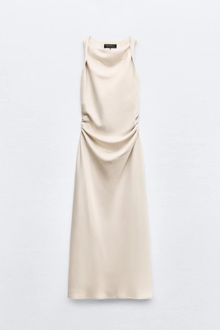Early Autumn Silk Satin Texture Midi Dr High Waist A-Line Skirt No Sve round Ne Par Dr for Ladies in Their 20s