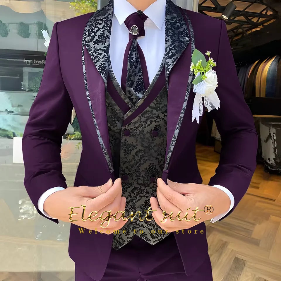 Men's 3-Piece Suit Set, Black Jacquard Vest, Contrast Style, Suit, Vest & Trousers, Weddings & Celebrations Choice