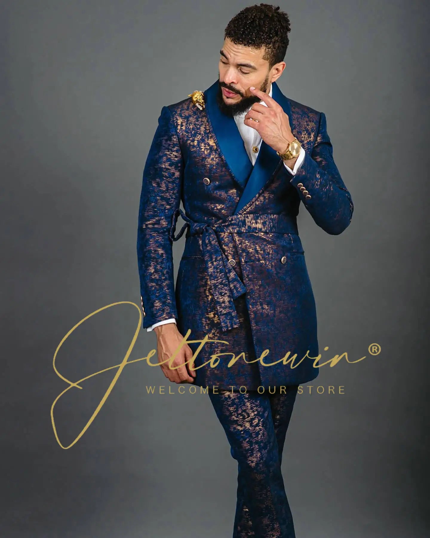 Blue Gold Jacquard Double Breasted Suit for Men Shawl Lapel Slim Fit Luxurious Fashion Statement Wedding Groom Stage Wear homme