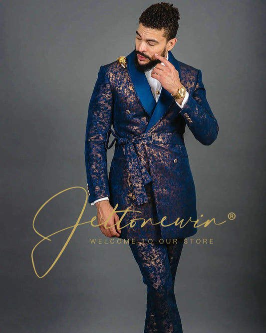Blue Gold Jacquard Double Breasted Suit for Men Shawl Lapel Slim Fit Luxurious Fashion Statement Wedding Groom Stage Wear homme