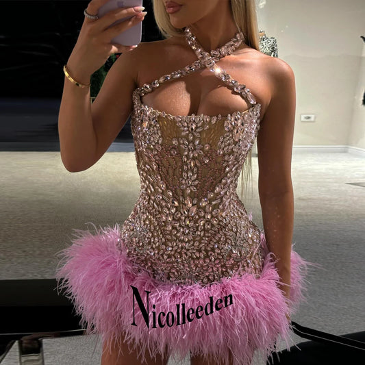 Nicolle Glittering Halter Evening Dresses for Women Rhinestones Formal Evening Celebrity Dresses Vestidos De Gala Customized