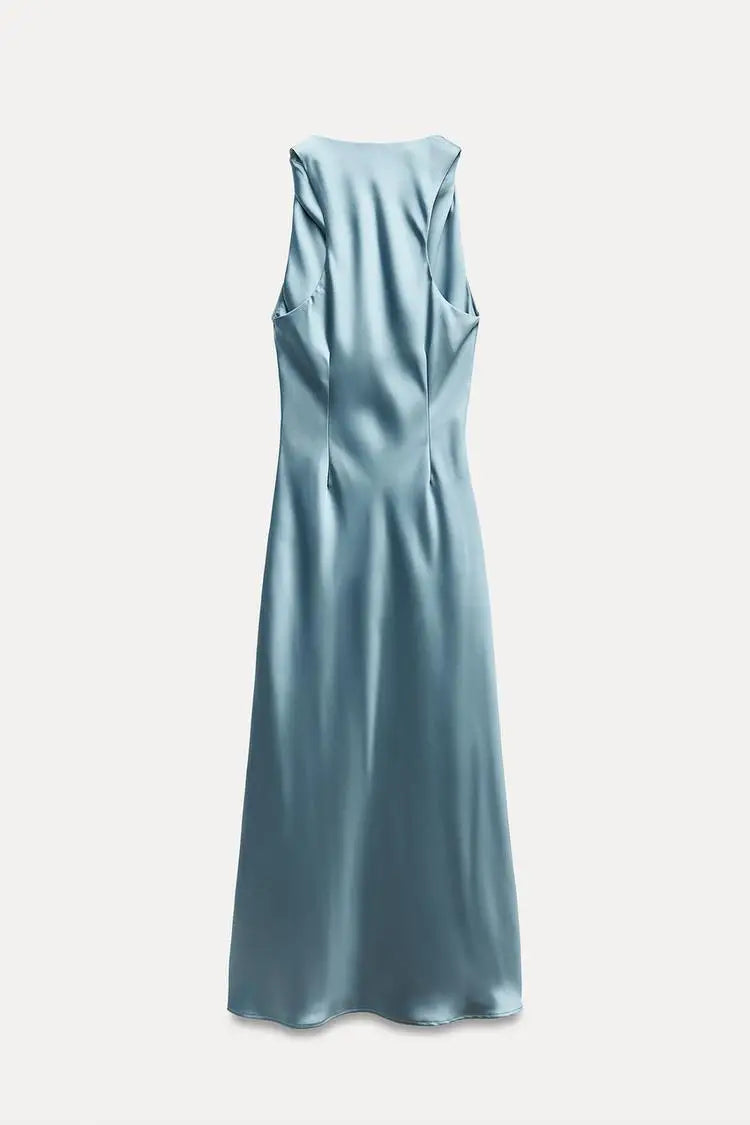 Early Autumn Silk Satin Texture Midi Dr High Waist A-Line Skirt No Sve round Ne Par Dr for Ladies in Their 20s