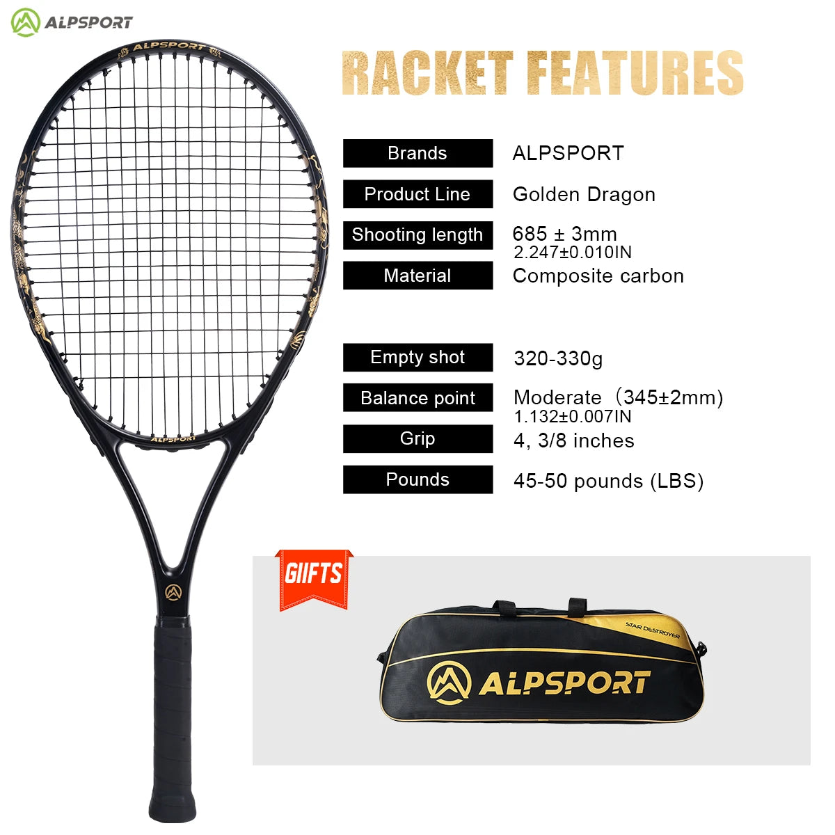 ALPSPORT T800 Carbon Fiber Tennis Racket 18K, Professional Training Racket with Bag & Adjustable Strap (Men & Women)