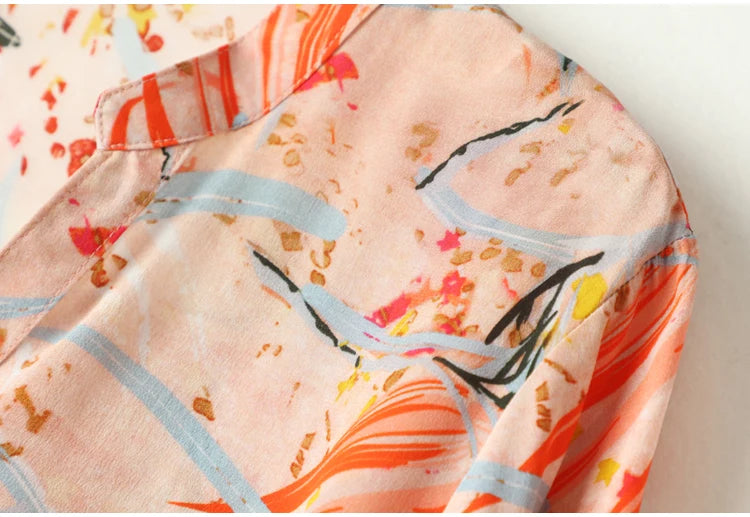 Women 100% Natural Silk Crepe Silk Beige Floral printed shirt Dress half sleeve split neck with belt midi dress L XL FF011