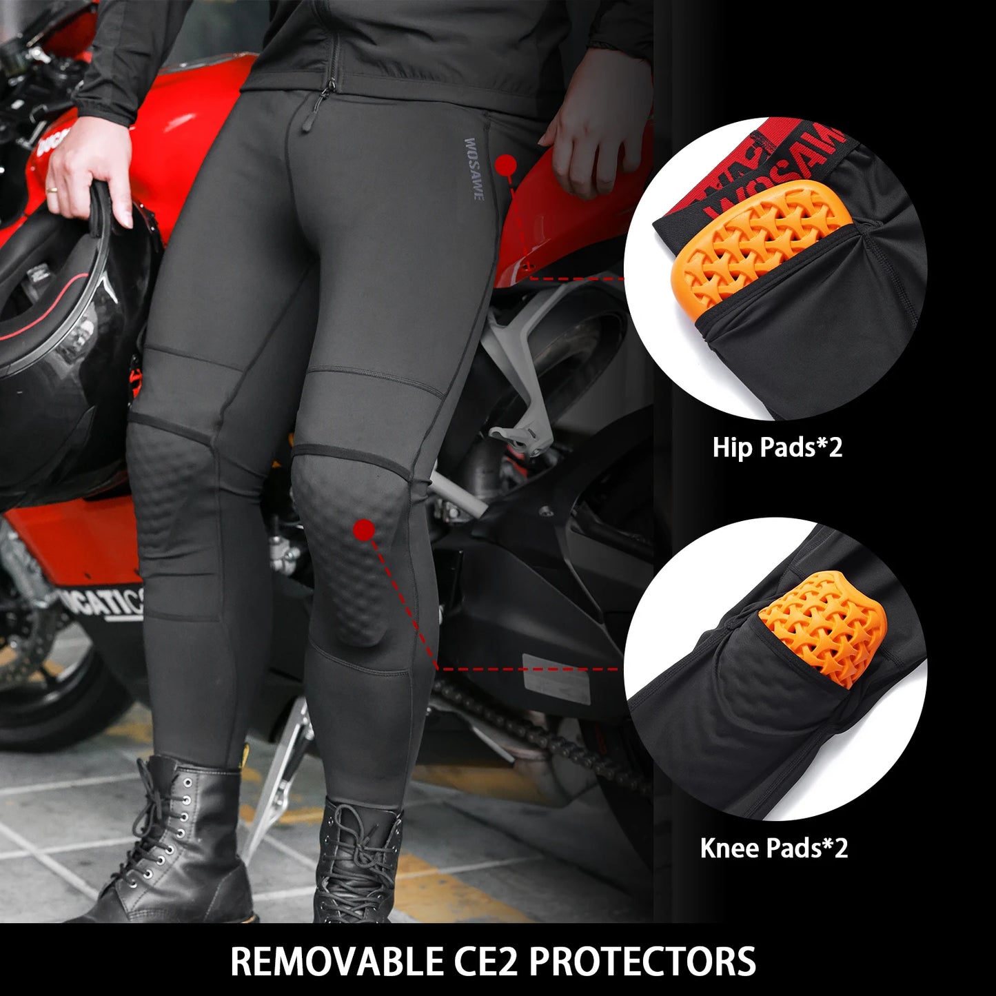 WOSAWE Motorcycle Compression Pants with CE Certified Pads Off-road Motocross Motorbike Riding Breathable Protective Trousers