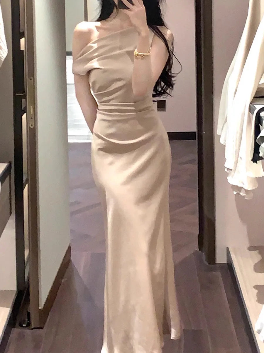 Ele Silk Blend Women's Dr ter Ne Slim Fit Fi Tail Gown Waist Cinched Summer Spring New Sle Long Evening Dr