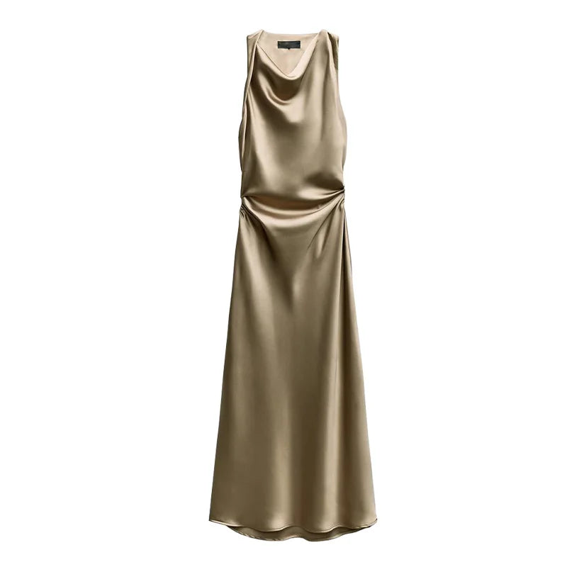 Early Autumn Silk Satin Texture Midi Dr High Waist A-Line Skirt No Sve round Ne Par Dr for Ladies in Their 20s