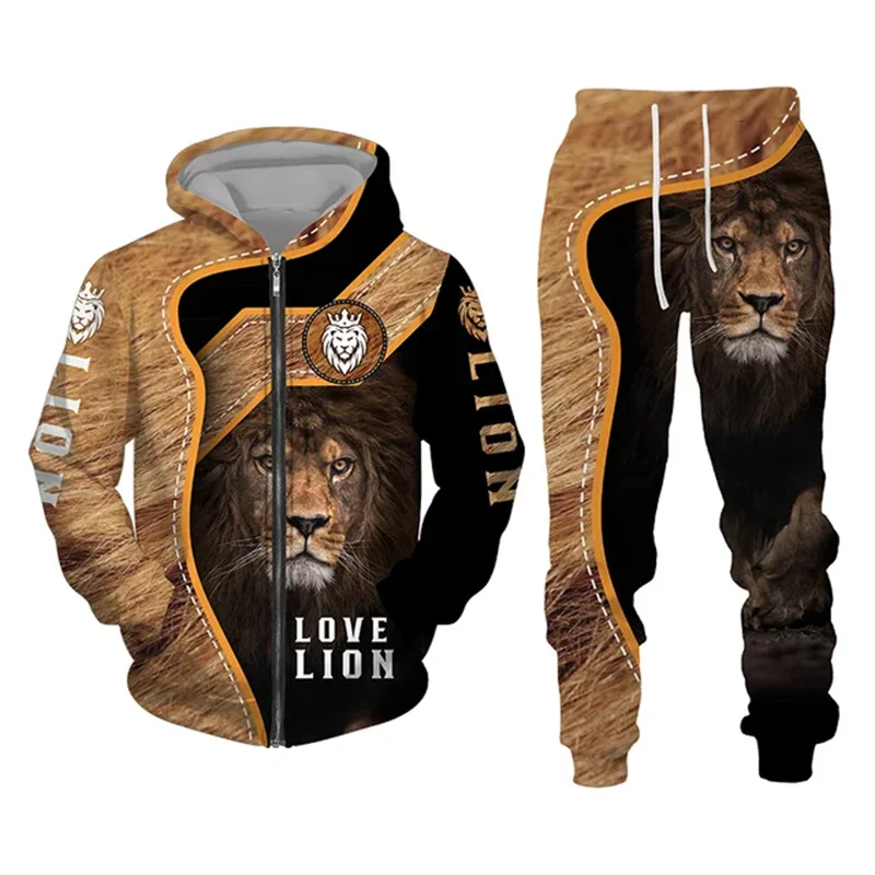 Men's Zip Hoodie Tracksuit Full Hoodies Set Lion Graphic Zipper 2 Piece Hooded Sports Outdoor Casual Sports 3D Print Streetwear
