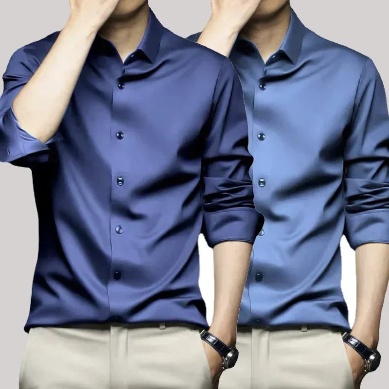 S-6XL Men's Long Sleeve Shirt Luxury Wrinkle Resistant Pure White Shirt Business Dress Casual Ice Silk Glossy Shirt