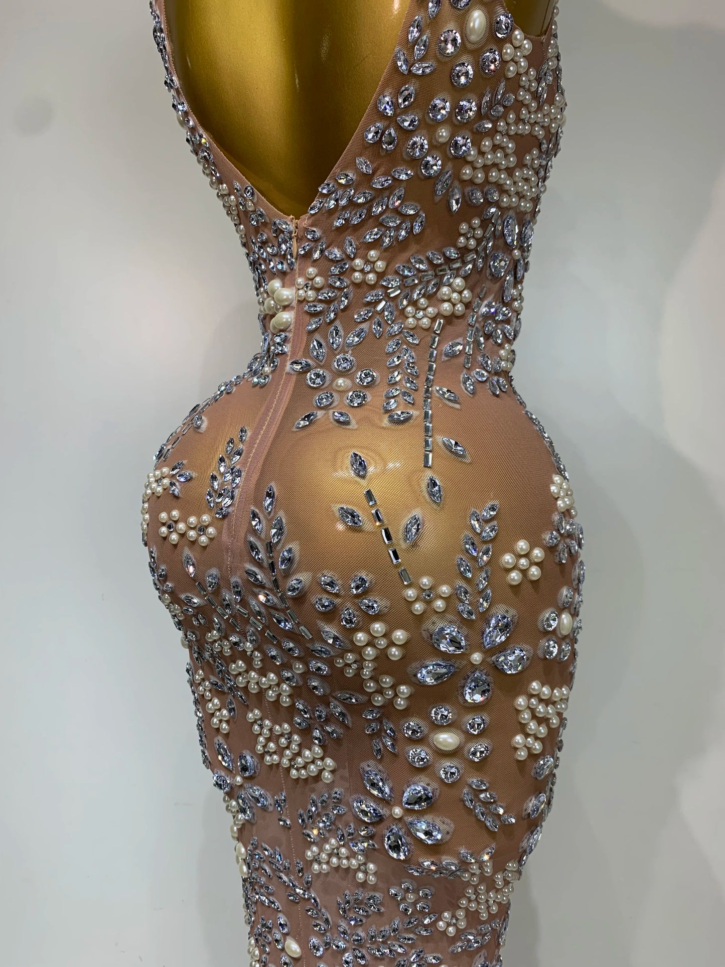 Women Lxury Diamonds Mesh See Through Long Dress Celebrity Elegant Evening Party Fancy Club Dress Singer Performance Costume
