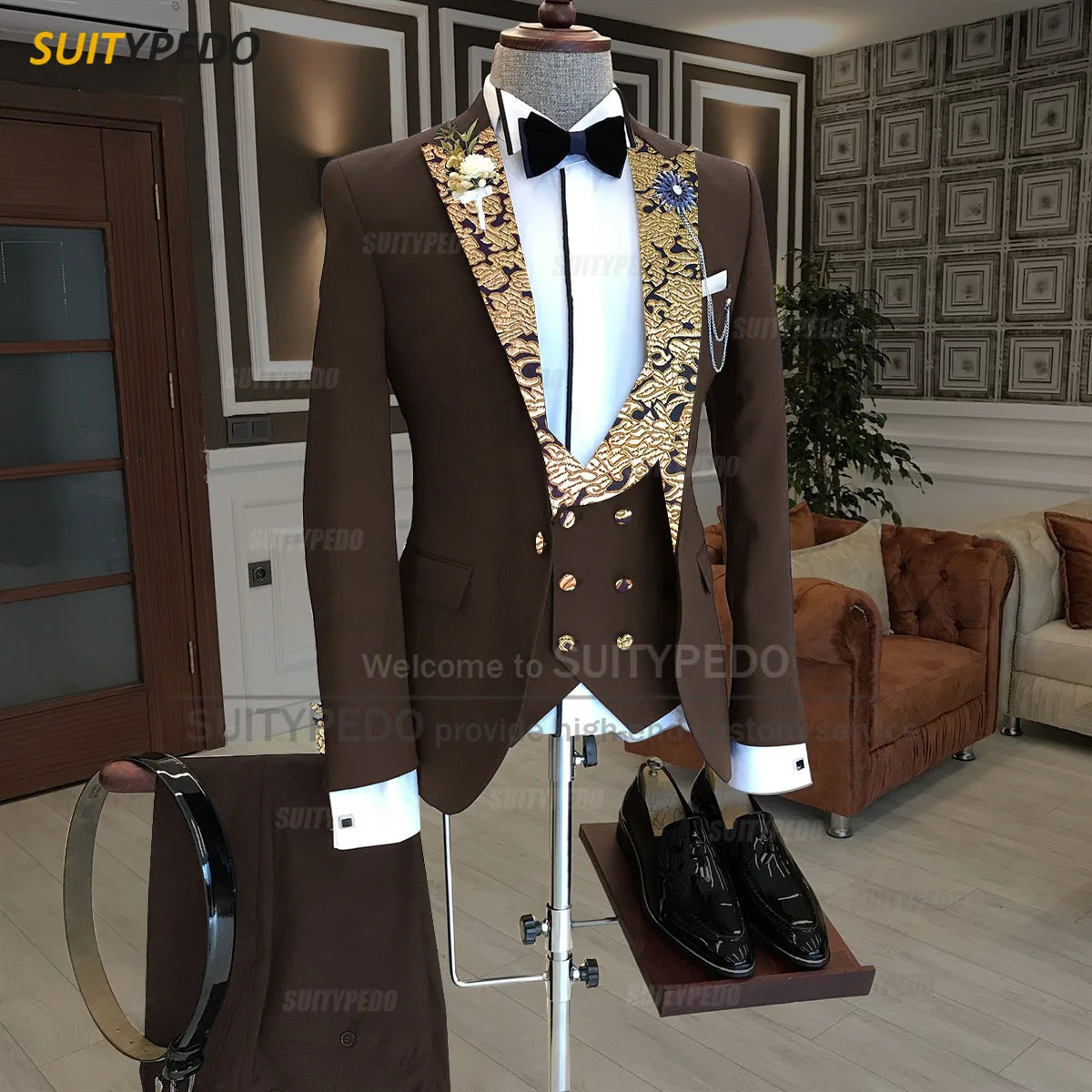Luxury Men Suits Gold Printed Collar Formal Prom Male Elegant Costume Jacket Vest Pants 3 Pieces Wedding Party Fashion Tuxedos
