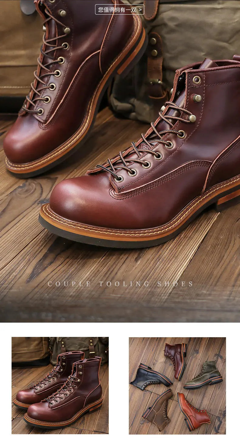 KOWM Hiking shoes cowhide men's trekking boot British ankle casual sneakers trekking shoes thick soled high top motorcycle boots