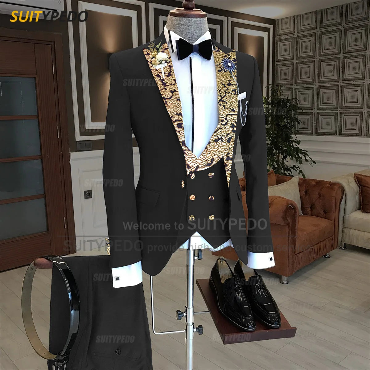 Luxury Men Suits Gold Printed Collar Formal Prom Male Elegant Costume Jacket Vest Pants 3 Pieces Wedding Party Fashion Tuxedos