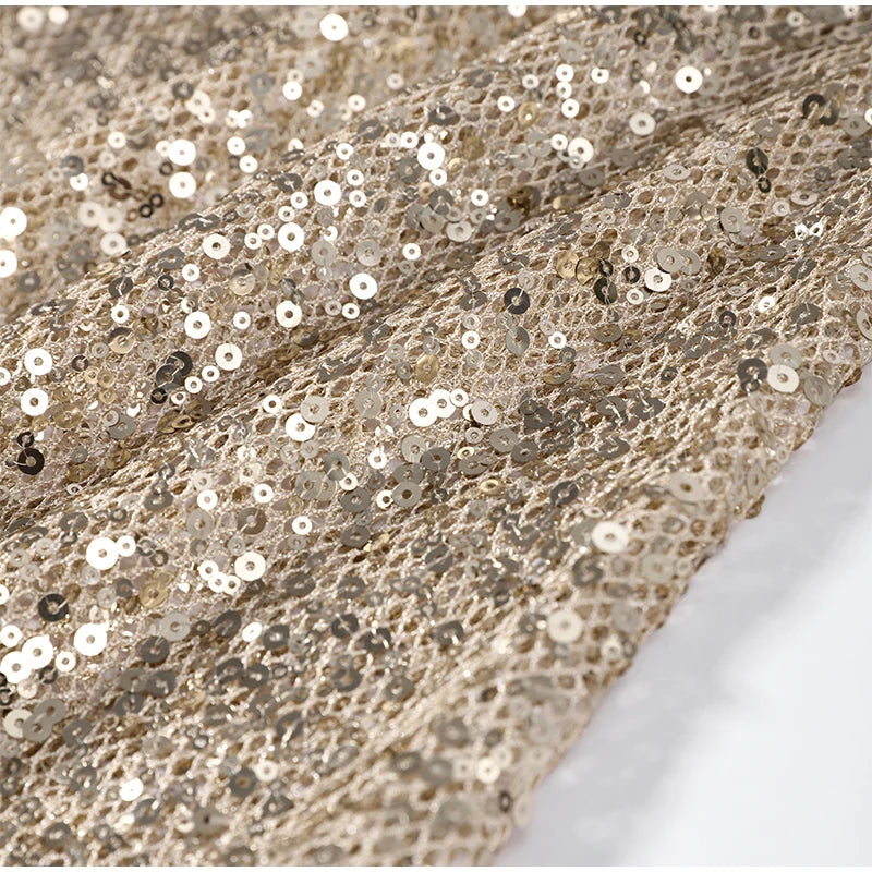Women's Gold Sequin Halter Gown Square Neck Ruched Detail Mermaid Train Slim Fit Elegant Evening Party Formal Lady Fashion Dress