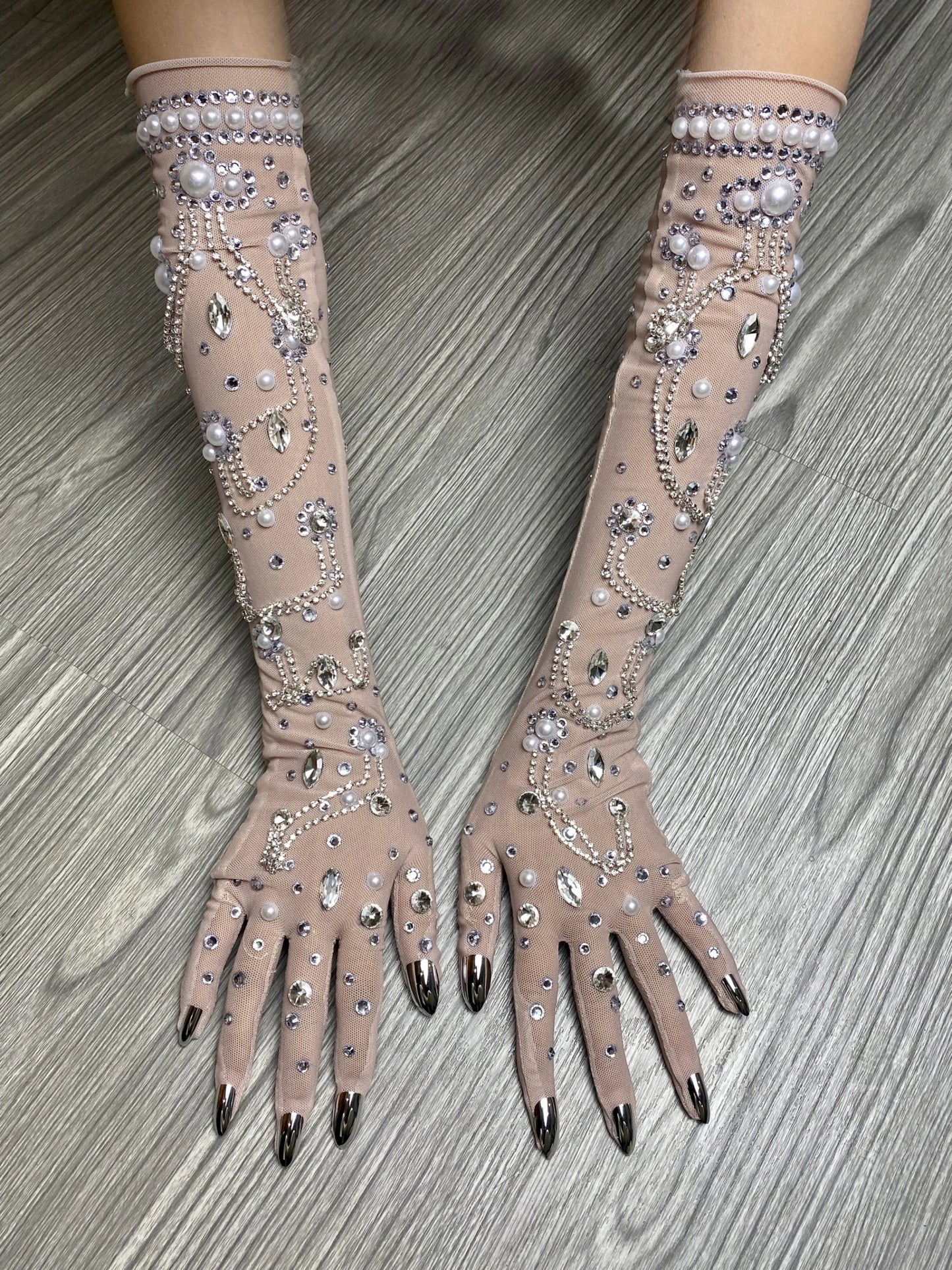 Luxurious Stretch Rhinestone Gloves WomenSparkling Crystal Mesh Long Perspective GlovesDancer Singer Stage Wear Accessories  7G