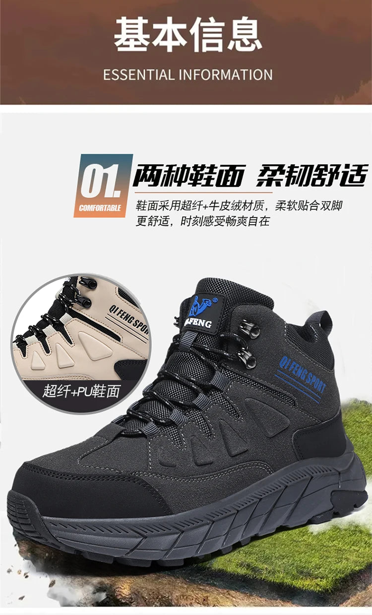 Large Size 48 Leather Hiking Boots Mens Winter Outdoor Warm Fur Non Slip 2025 Fashion Hike Ankle Boot Black Hunting Boots Rubber