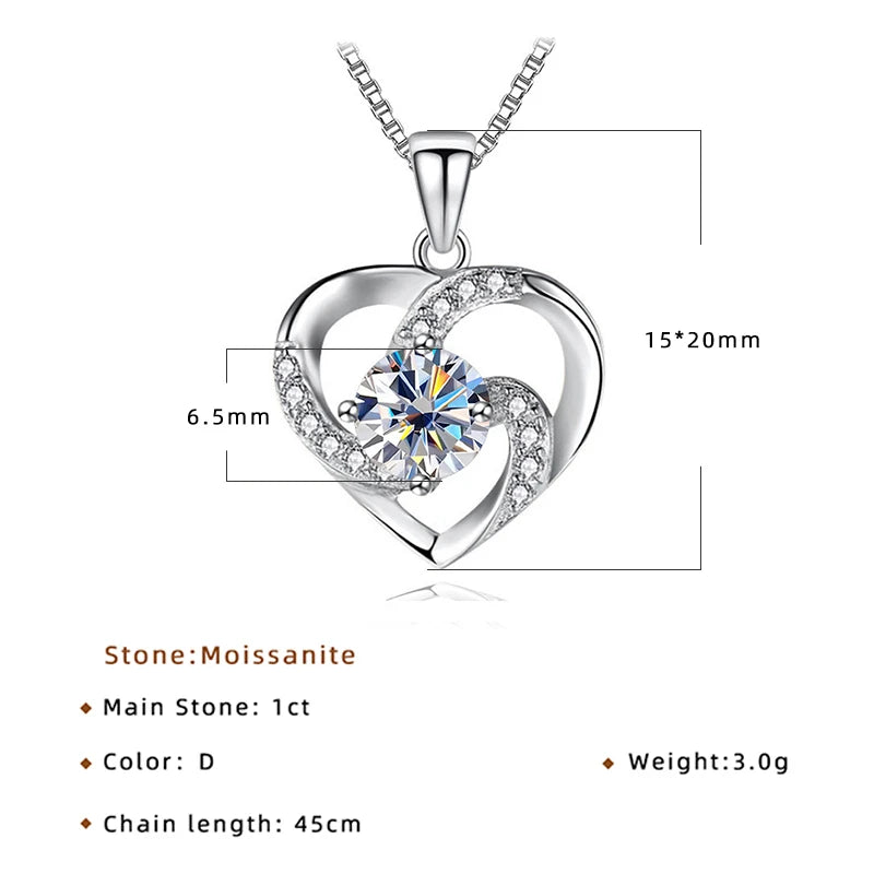 JoyceJelly 1CT Pass Tested Moissanite Heart Necklace for Women S925 Silver Gold Silver Color Diamond Pendant Birthday Party Gift