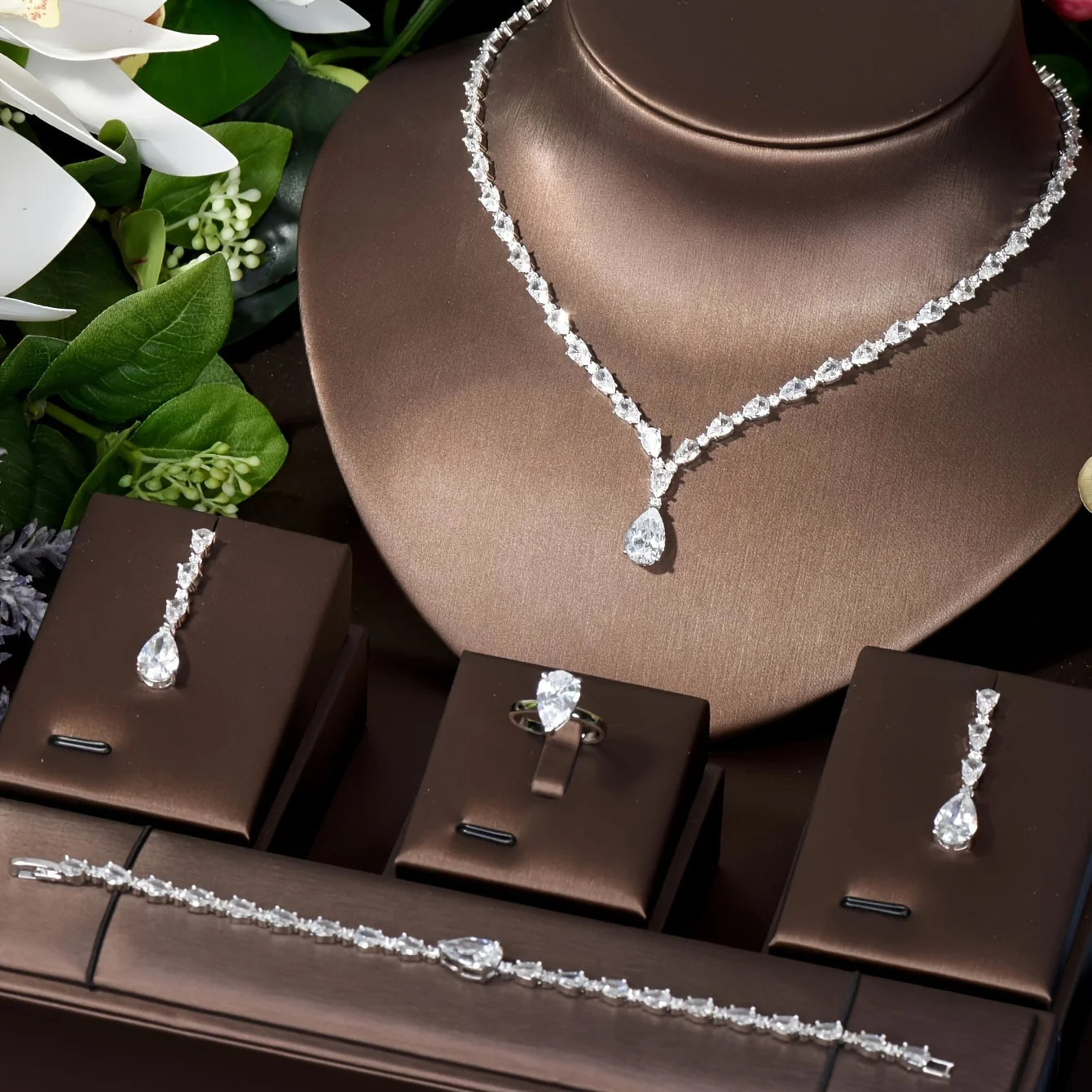Unique Brilliant Cubic Zirconia Wedding Jewelry Set For Women Geometric African Luxury Bride 4 Piece Holiday Dress S-339