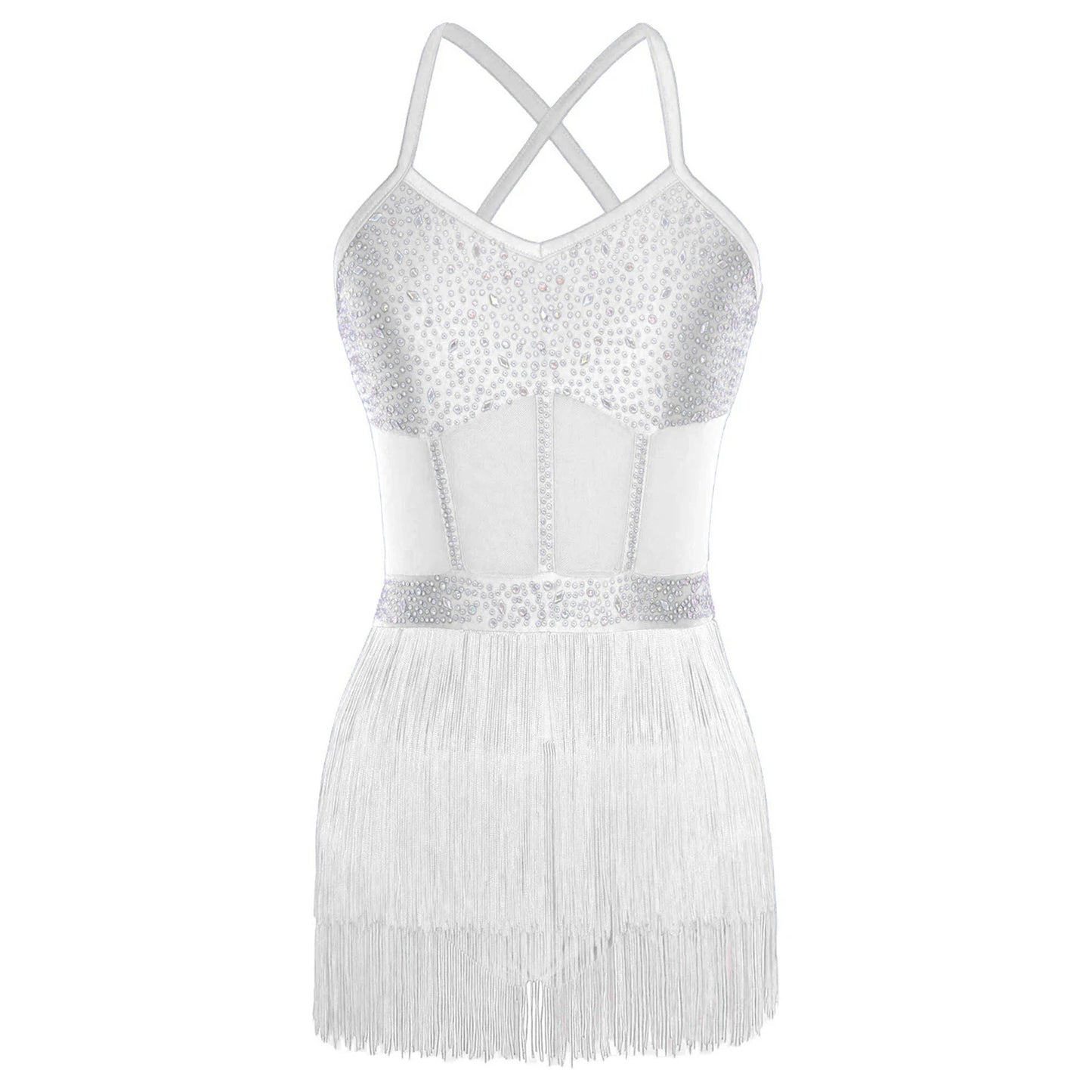 Womens Latin Dance Dress Sheer Mesh Patchwork Tiered Tassel Bodysuit Dress and Gloves for Tango Samba Dance Ballroom Dancewear